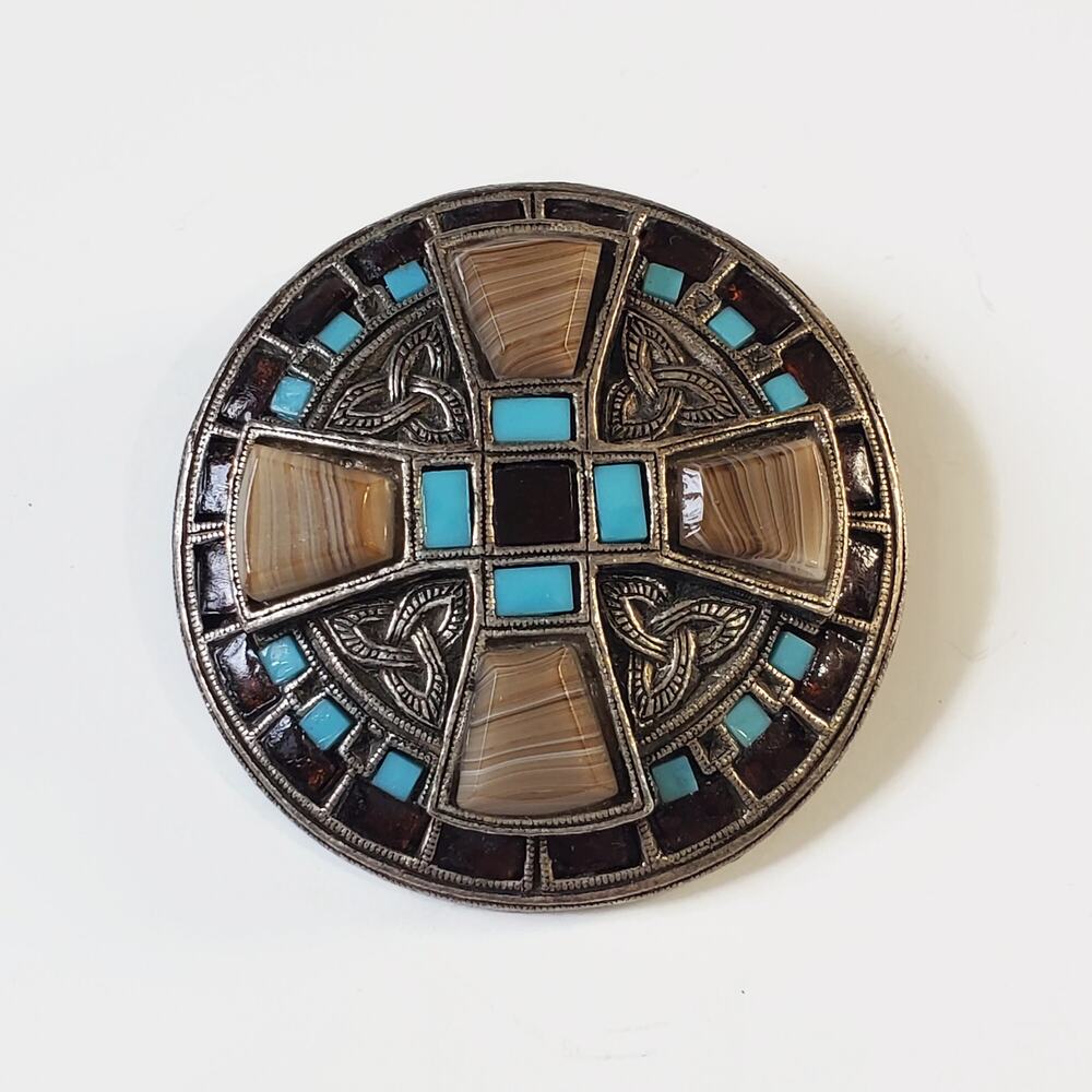 Vintage MIRACLE Celtic Cross Glass Stone Brooch Pin